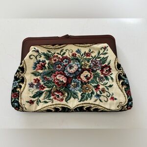 Vintage Tapestry Clutch Lucite Kiss lock Closure